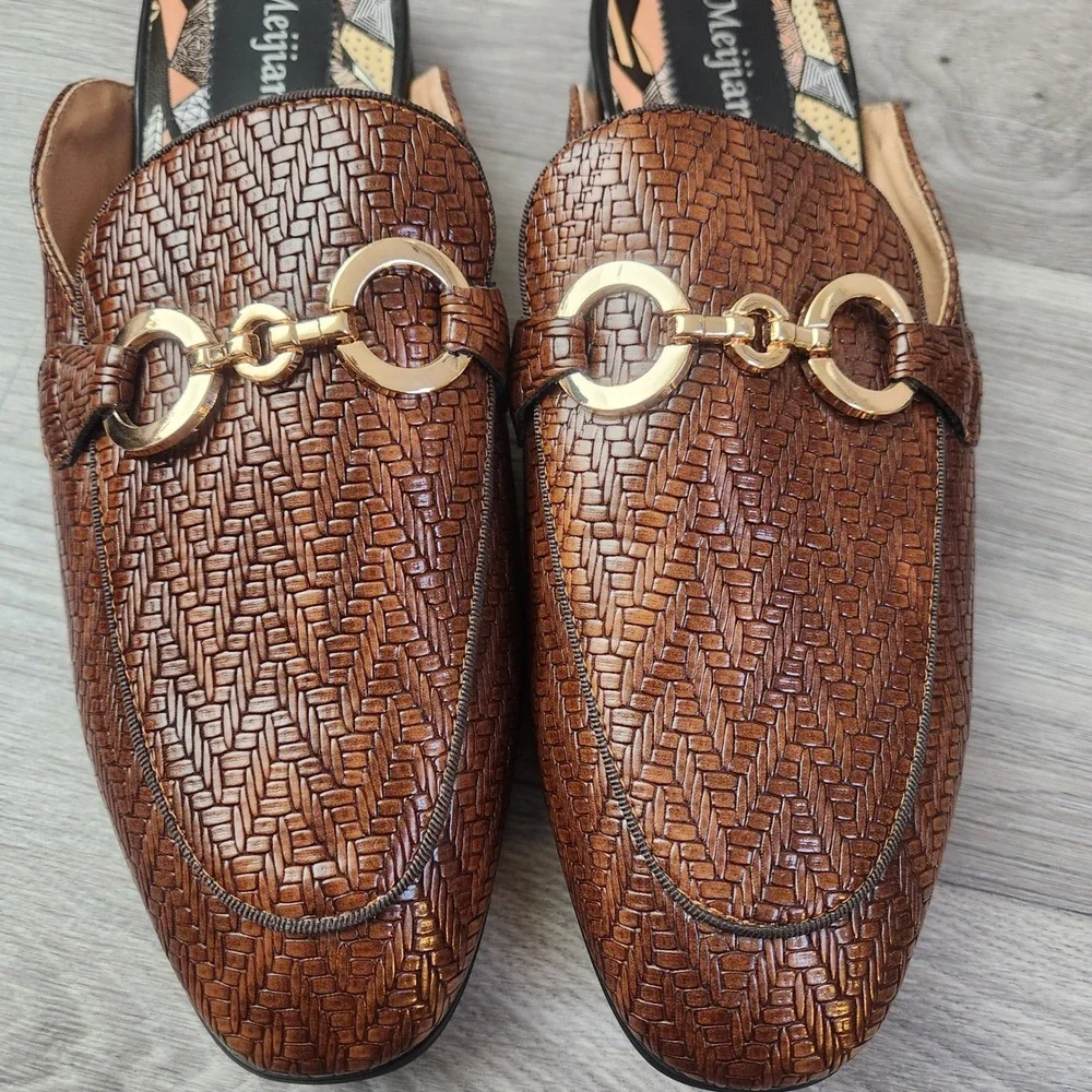 Meijiana Brown Woven Horsebit Mule Loafers Size‎ 8 Slip On Flats Comfort Elegant